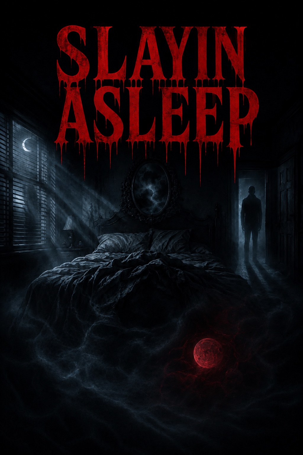 Slayin Asleep poster featuring a dark bedroom and red title lettering
